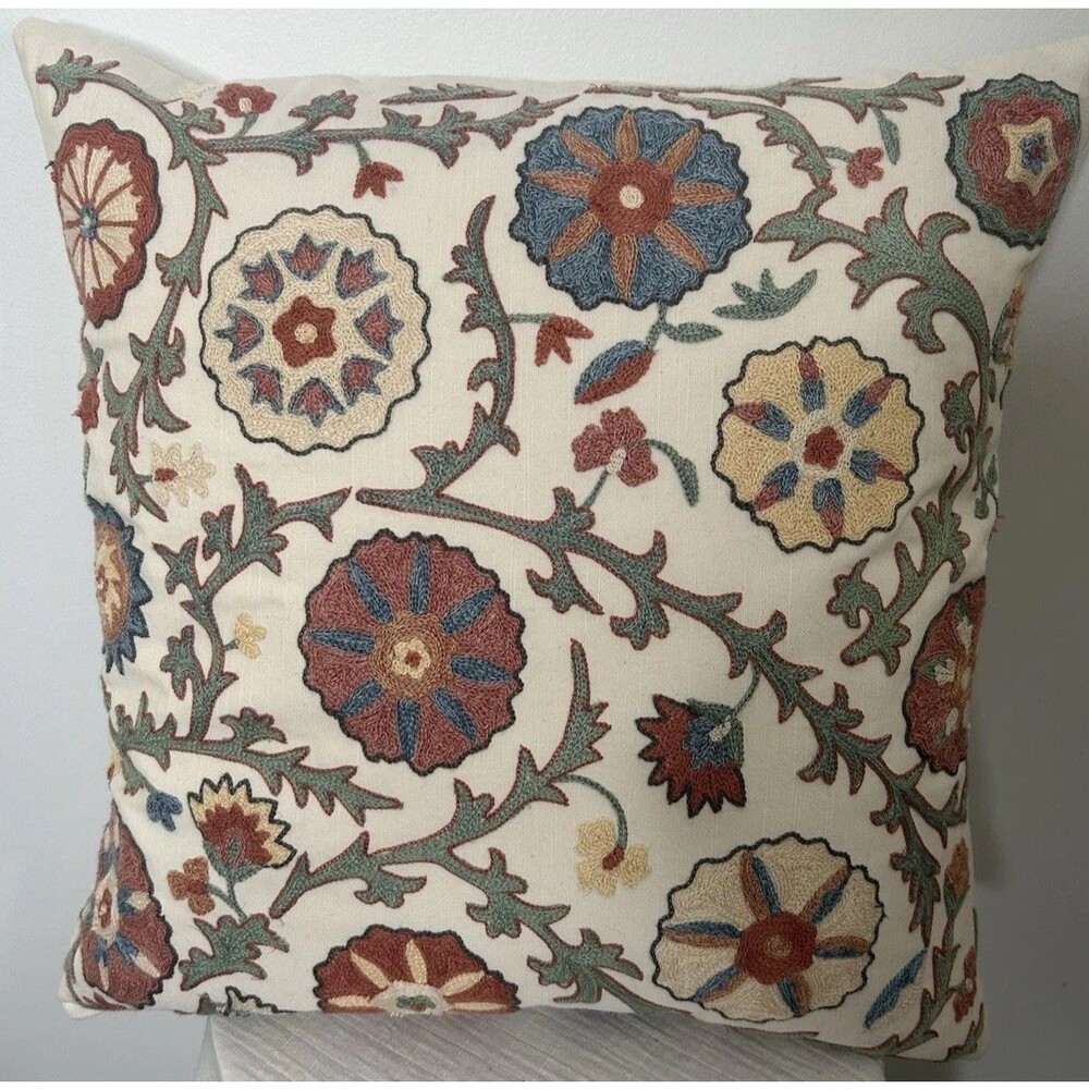 Pottery Barn Penelope Throw Pillow 22x22 Handcrafted Embroidered Floral
